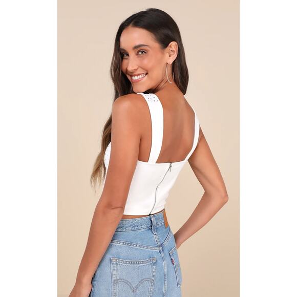 Lulus New! Lively Sparkle White Rhinestone Crop Tank Top Sleevelss Party Vacay L - Picture 2 of 8